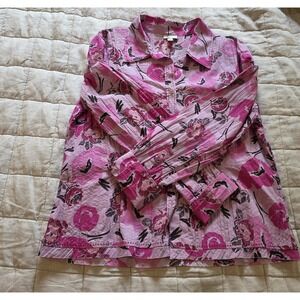 J.‎ Jill Top Women's L Pink Floral Button Up Long Sleeve Shirt Crinkle Raw Hem